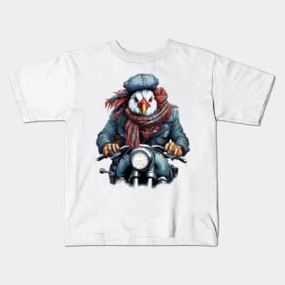 chicken wearing a jackets hat and a scarf on a motorcycle Kids T-Shirt